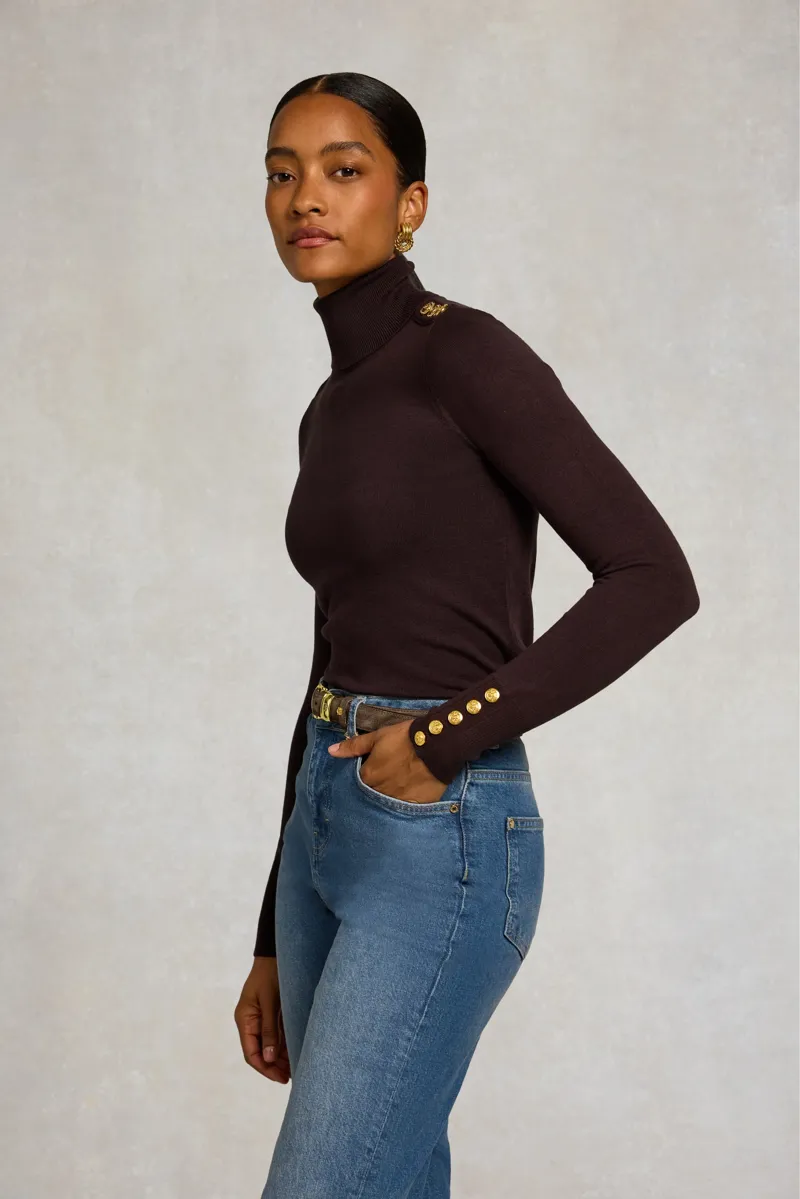 Holland Cooper Buttoned Knit Roll Neck Jumper in Chocolate-2