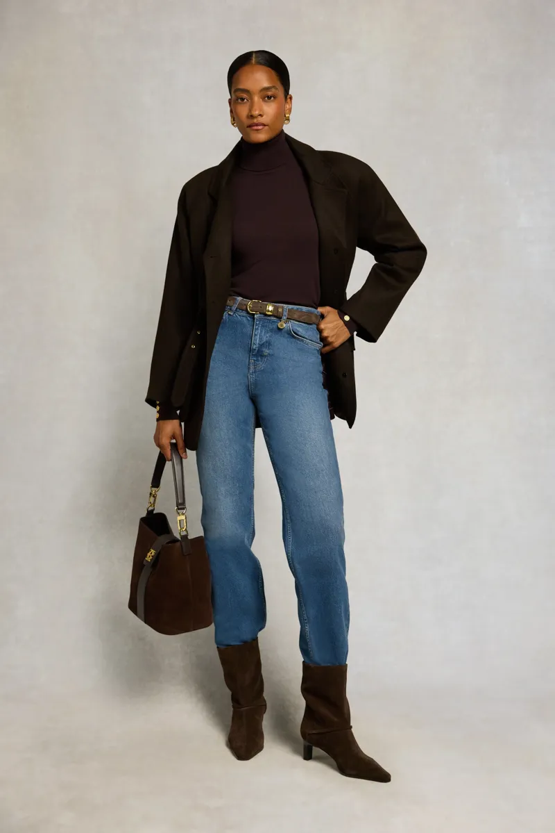 Holland Cooper Buttoned Knit Roll Neck Jumper in Chocolate-4