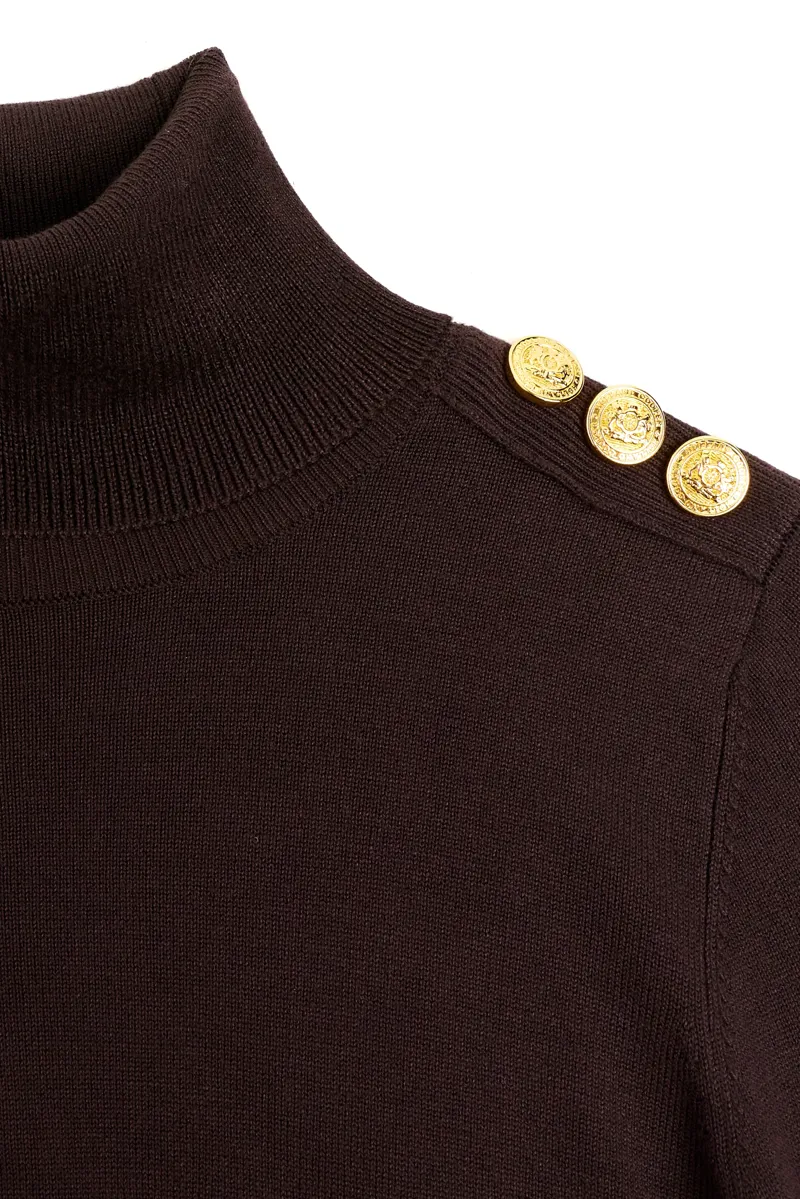 Holland Cooper Buttoned Knit Roll Neck Jumper in Chocolate-5