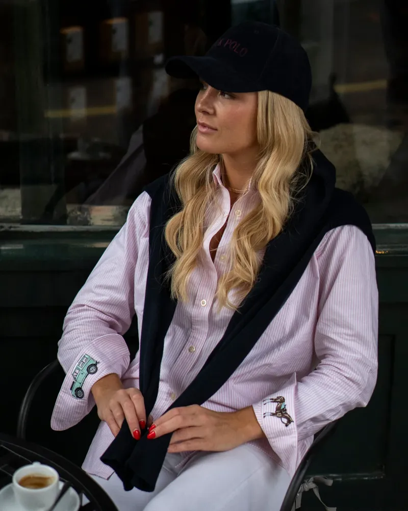 Hook Polo Ladies Striped Pink Oxford Shirt-2