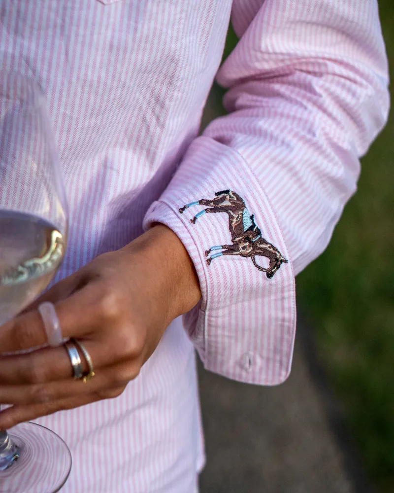 Hook Polo Ladies Striped Pink Oxford Shirt-1