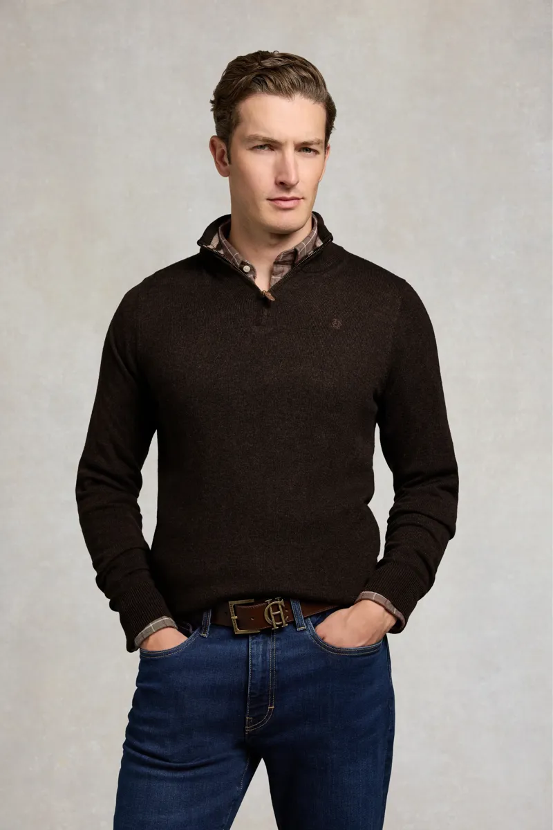 Holland Cooper Men's Fine Quarter Zip Knit in Chocolate-1