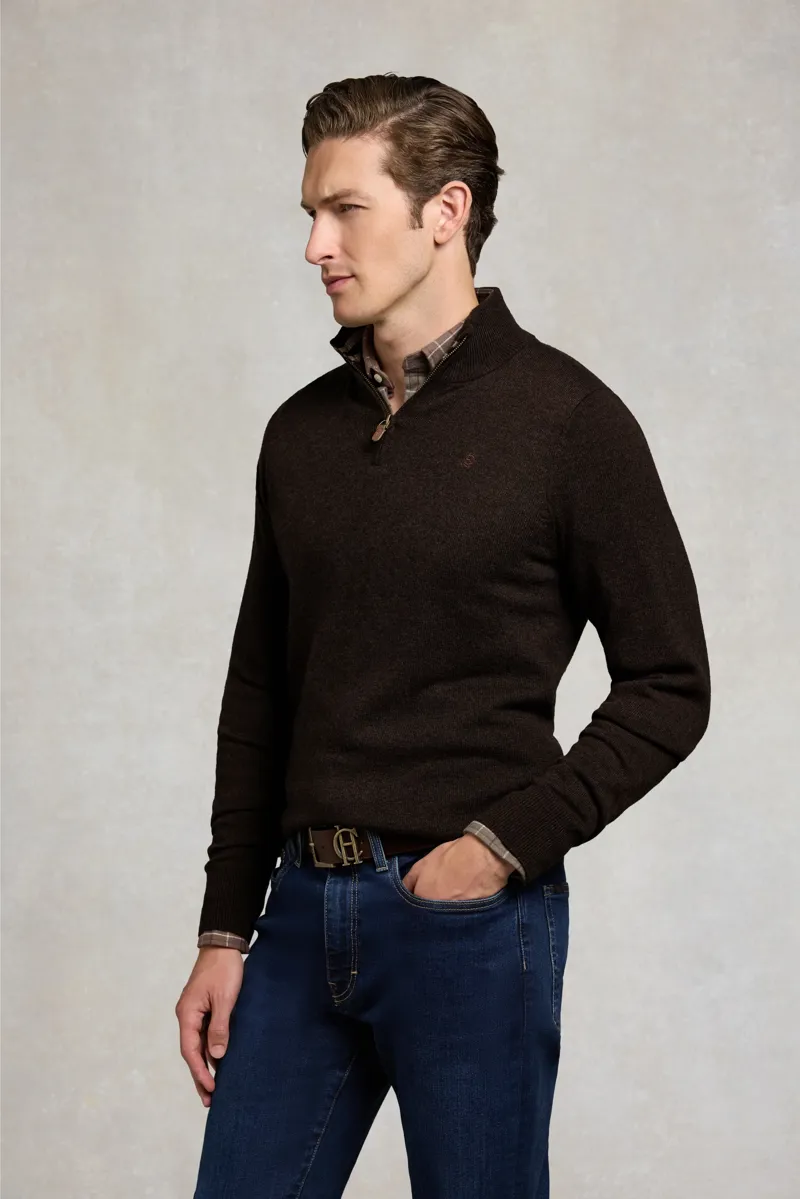 Holland Cooper Men's Fine Quarter Zip Knit in Chocolate-3