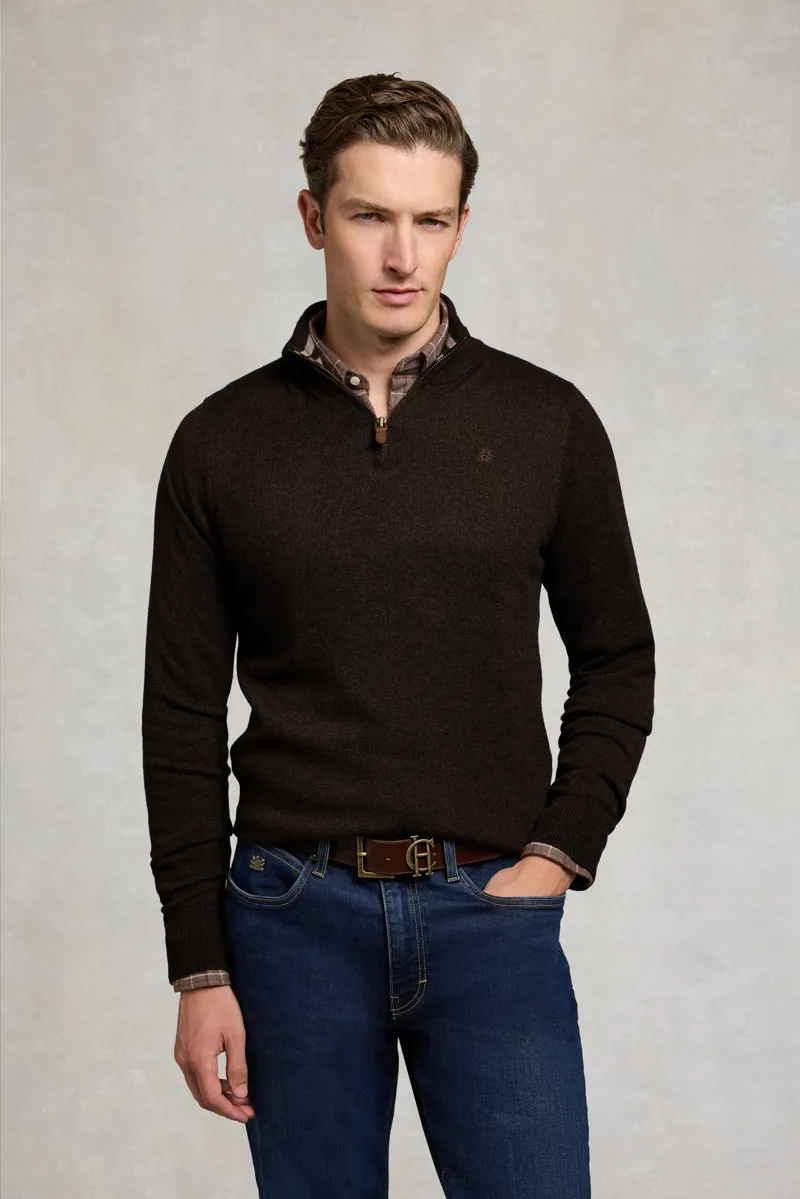 Holland Cooper Men's Fine Quarter Zip Knit in Chocolate-4