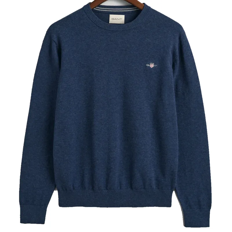 Gant Classic Cotton Crew Neck Sweater Dark Jeans blue Melange