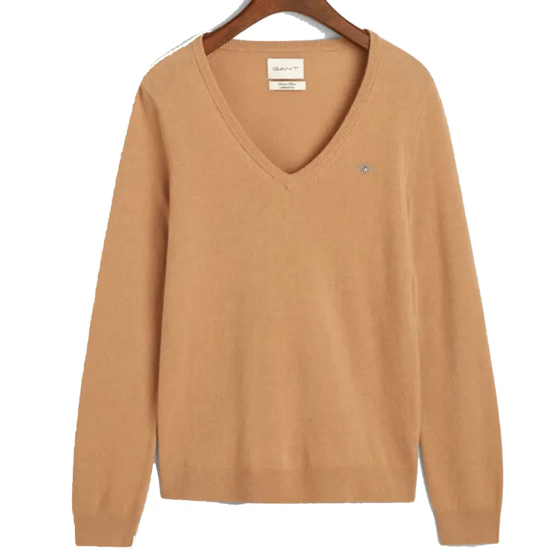 Gant Ladies Extrafine Lambswool V-Neck Caramel Beige