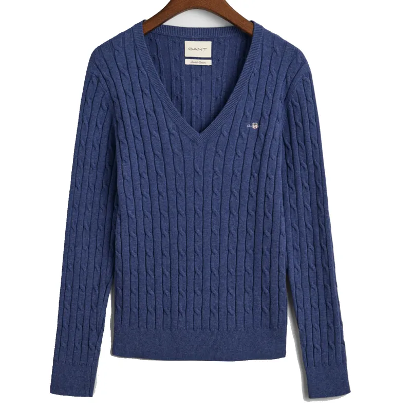 Gant Ladies Stretch Cotton Cable V-Neck Dusty Navy