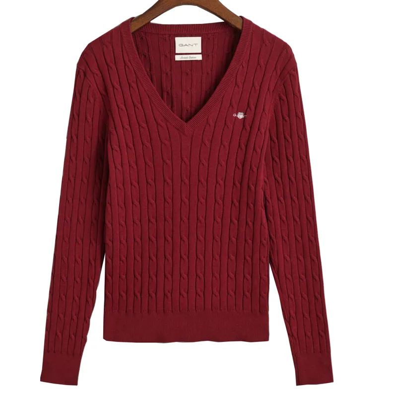 Gant Ladies Stretch Cotton Cable V-Neck Plumped Red