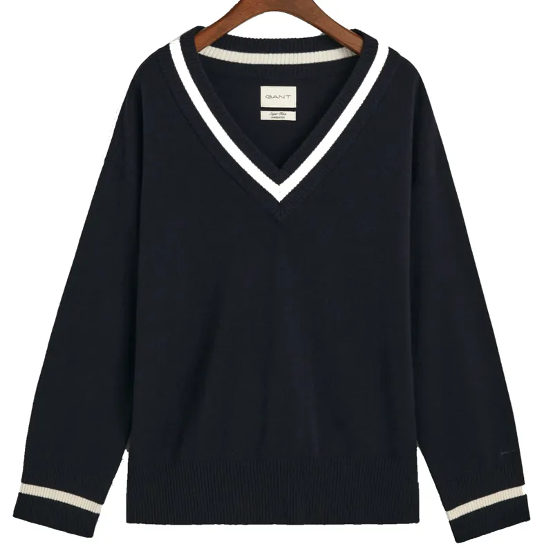 Gant Ladies Superfine Lambswool Contrast V-Neck Evening Blue