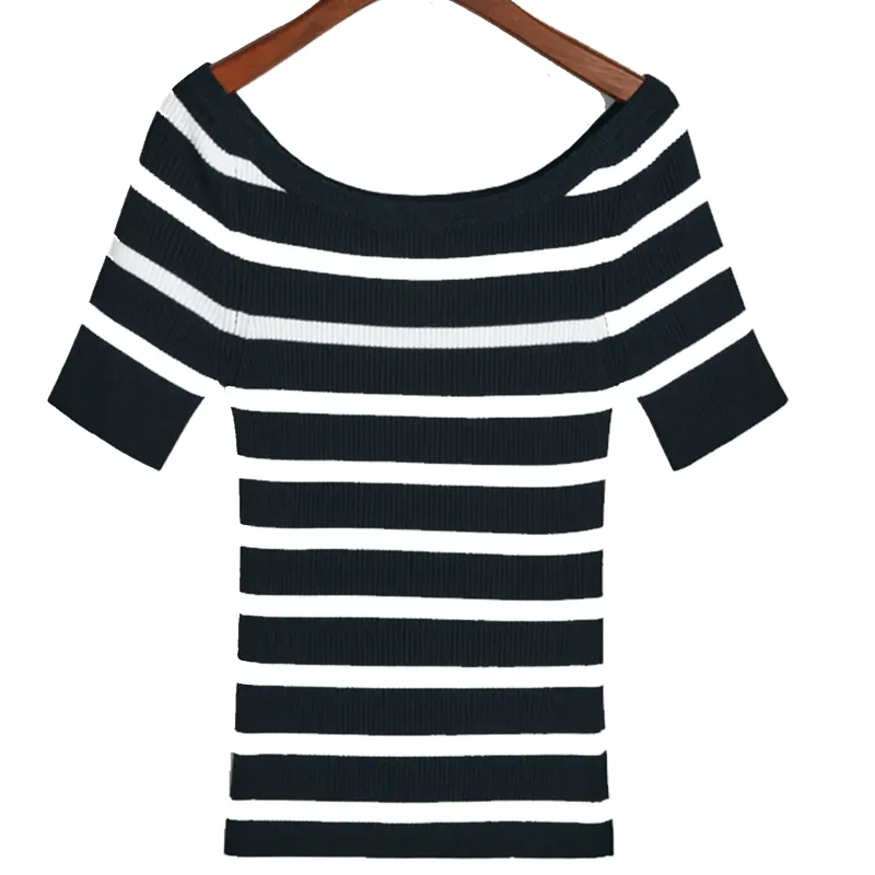 Gant Striped Rib Knit Off Shoulder Short Sleeve Top Evening Blue