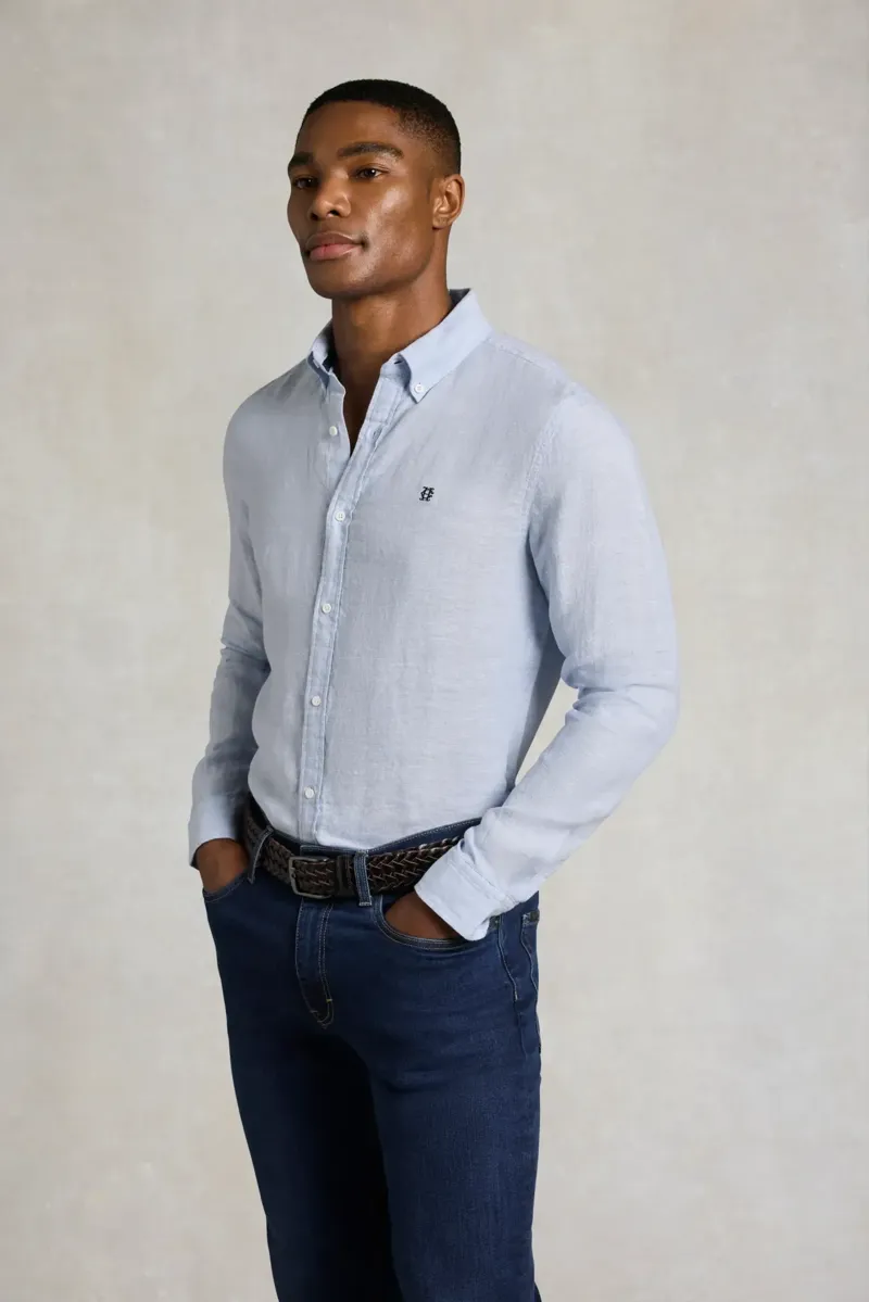 Holland Cooper Men's Regular Fit Linen Shirt in Sky Blue-2