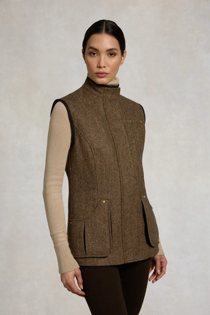 Holland Cooper Country Classic Tweed Gilet in Large Scale Brown Herringbone-2