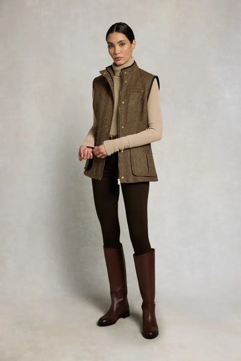 Holland Cooper Country Classic Tweed Gilet in Large Scale Brown Herringbone-3