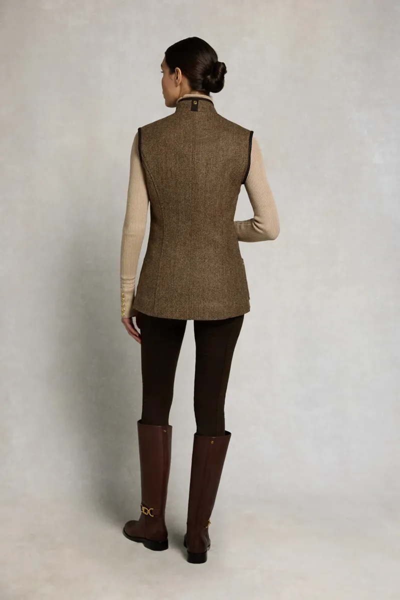 Holland Cooper Country Classic Tweed Gilet in Large Scale Brown Herringbone-5