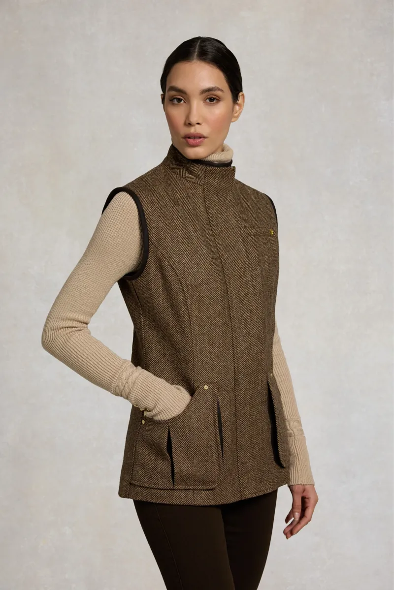Holland Cooper Country Classic Tweed Gilet in Large Scale Brown Herringbone-4