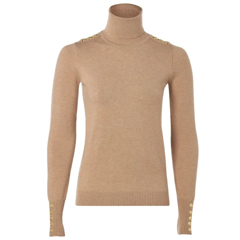 Holland Cooper Buttoned Knit Roll Neck Dark Camel
