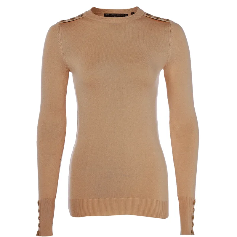 Holland Cooper Buttoned Knit Crew Neck Dark Camel
