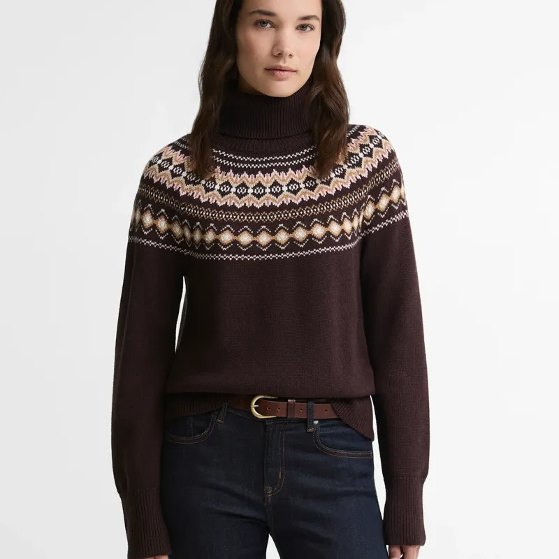 Barbour Darwen Fairisle Rollneck Knitted Jumper in Seal Brown-1
