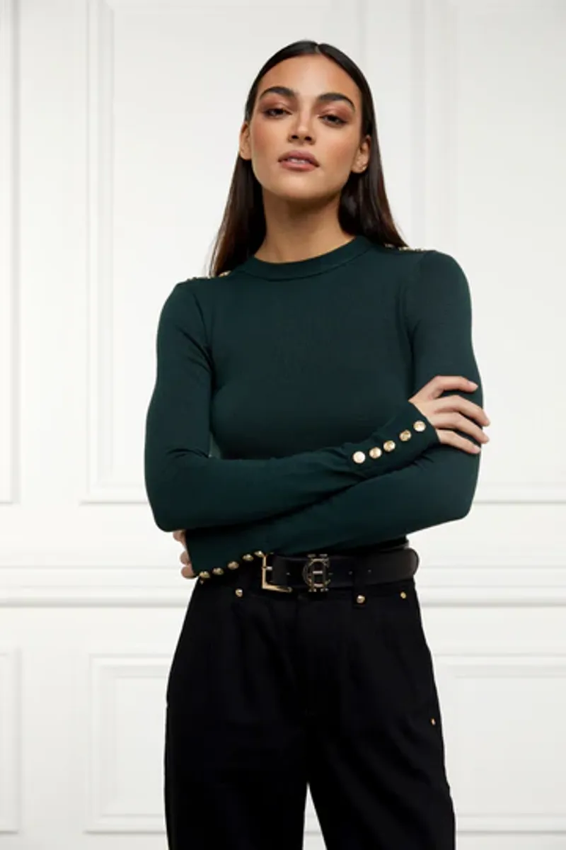 Holland Cooper Buttoned Knit Crew Neck Deep Emerald-1