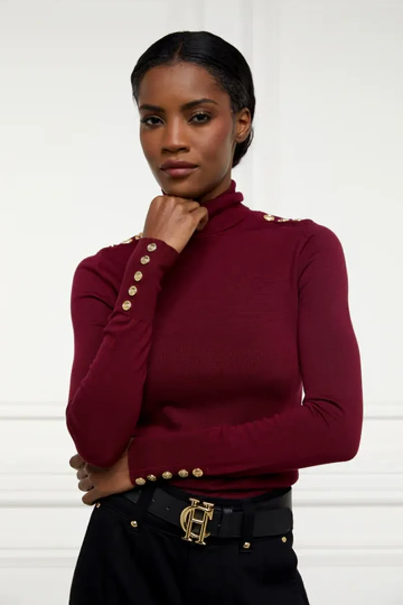 Holland Cooper Buttoned Knit Roll Neck Wine-4