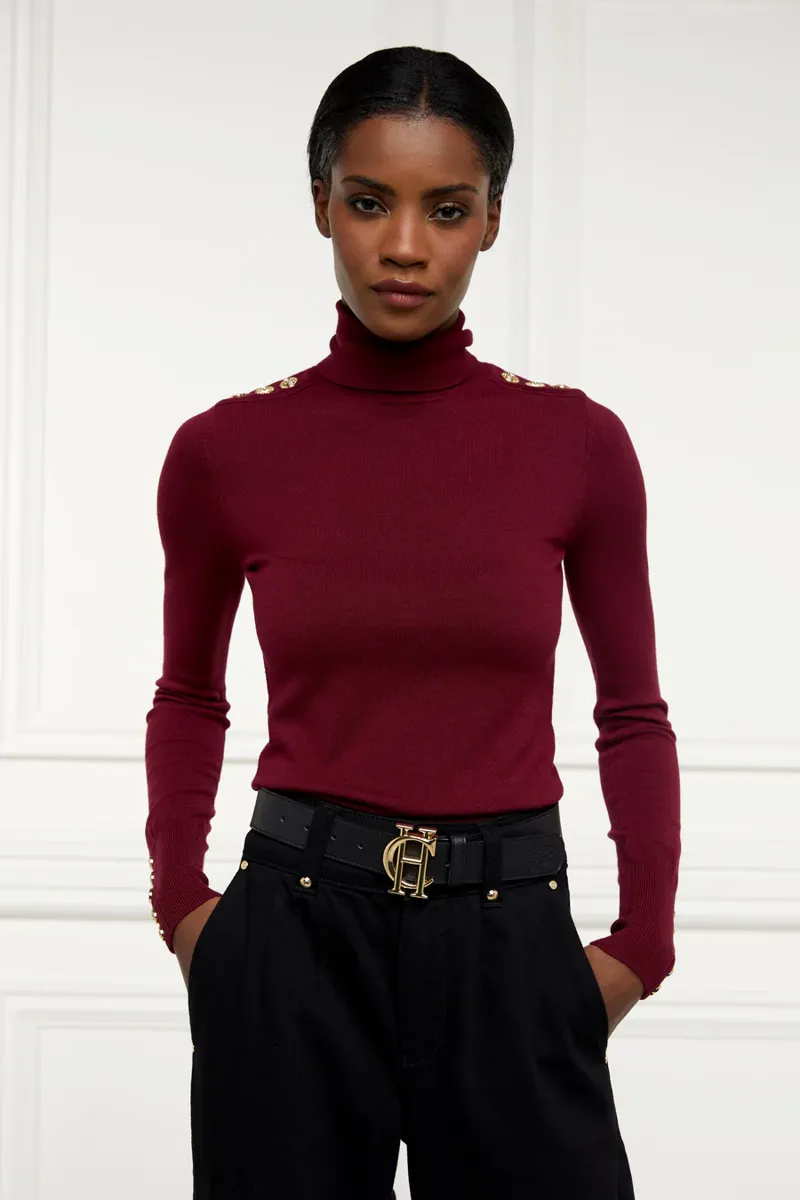 Holland Cooper Buttoned Knit Roll Neck Wine-2