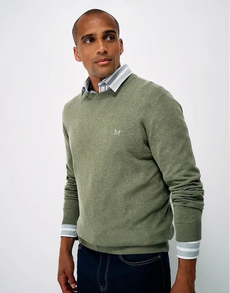 Crew Clothing Organic Cotton Crew Neck Jumper in Heritage Olive Marl-1