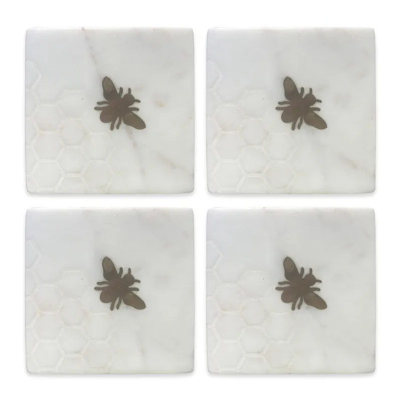 Culinary Concepts Set of Four Marble Laser Etched Coasters with Brass Bee
