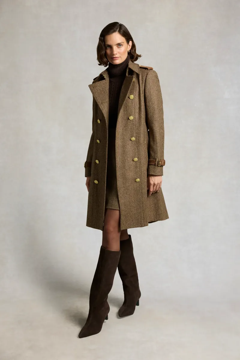 Holland Cooper Marlborough Trench Coat in Large Scale Brown Herringbone-1