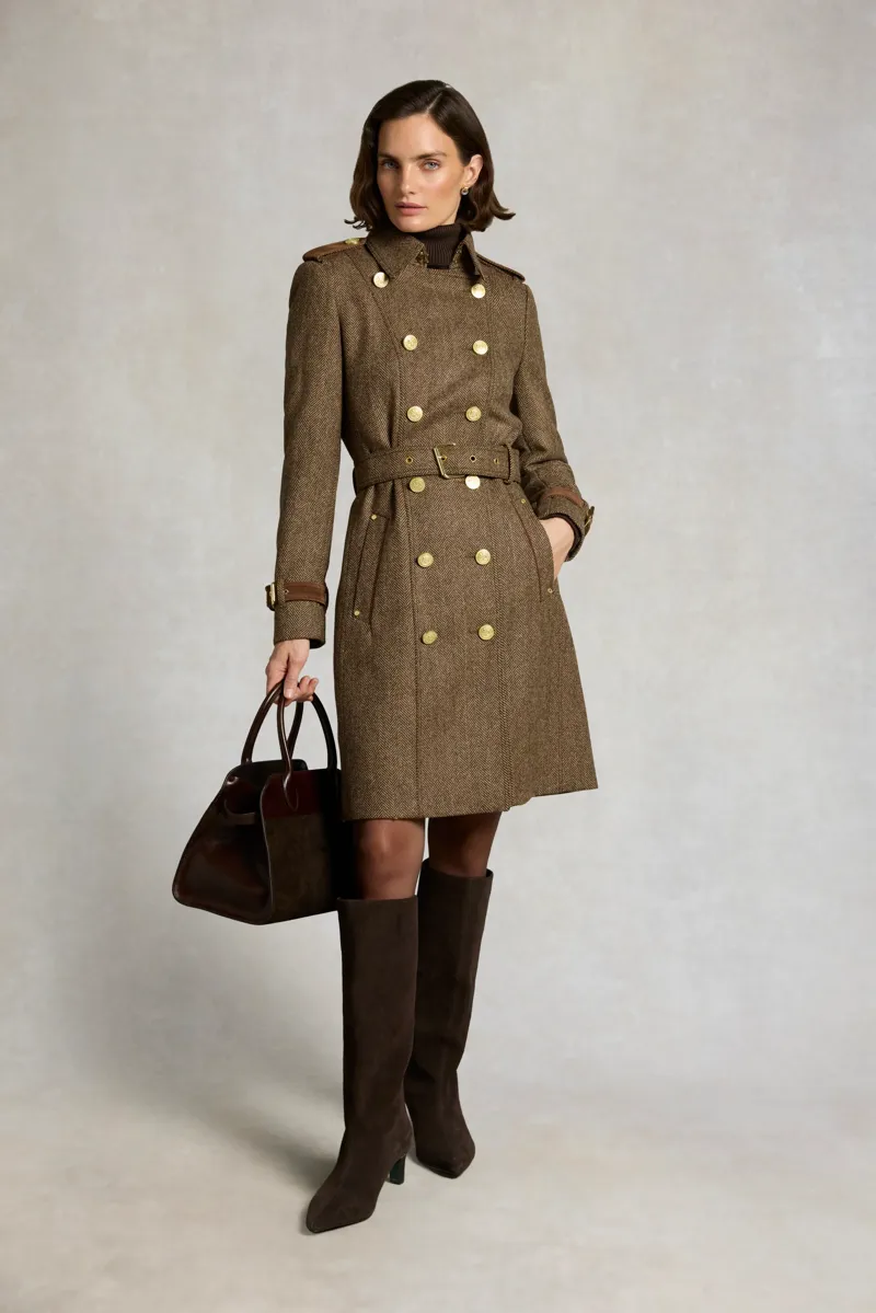 Holland Cooper Marlborough Trench Coat in Large Scale Brown Herringbone-2