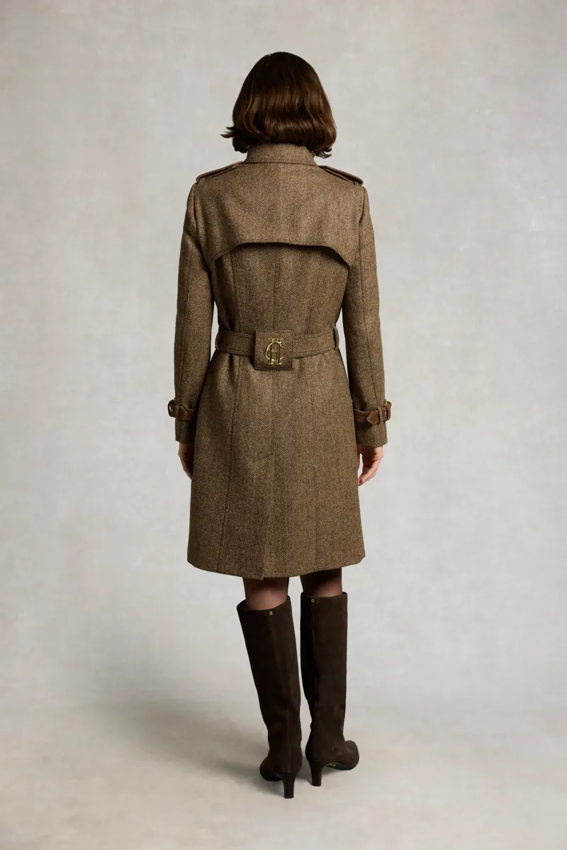 Holland Cooper Marlborough Trench Coat in Large Scale Brown Herringbone-3