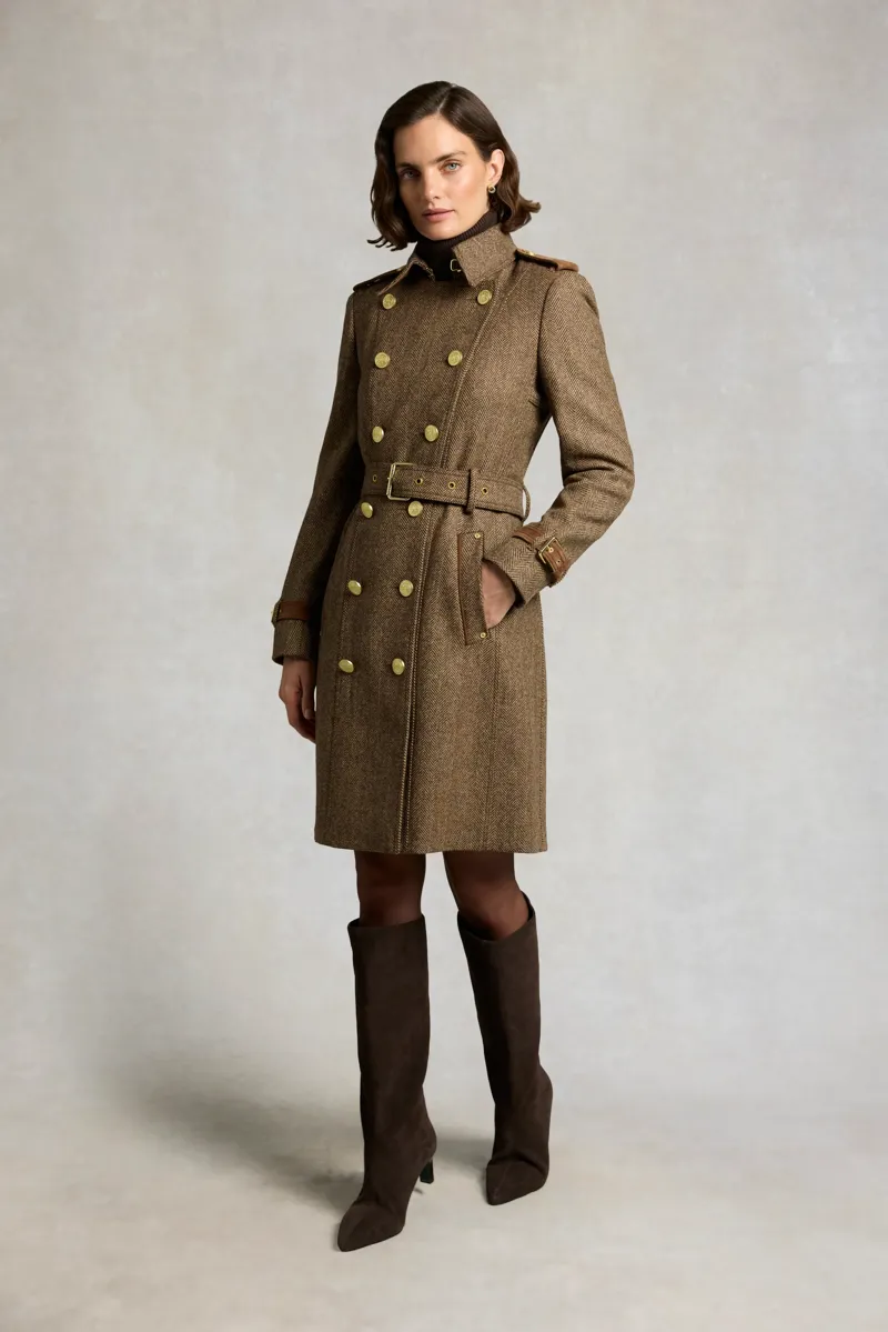 Holland Cooper Marlborough Trench Coat in Large Scale Brown Herringbone-4