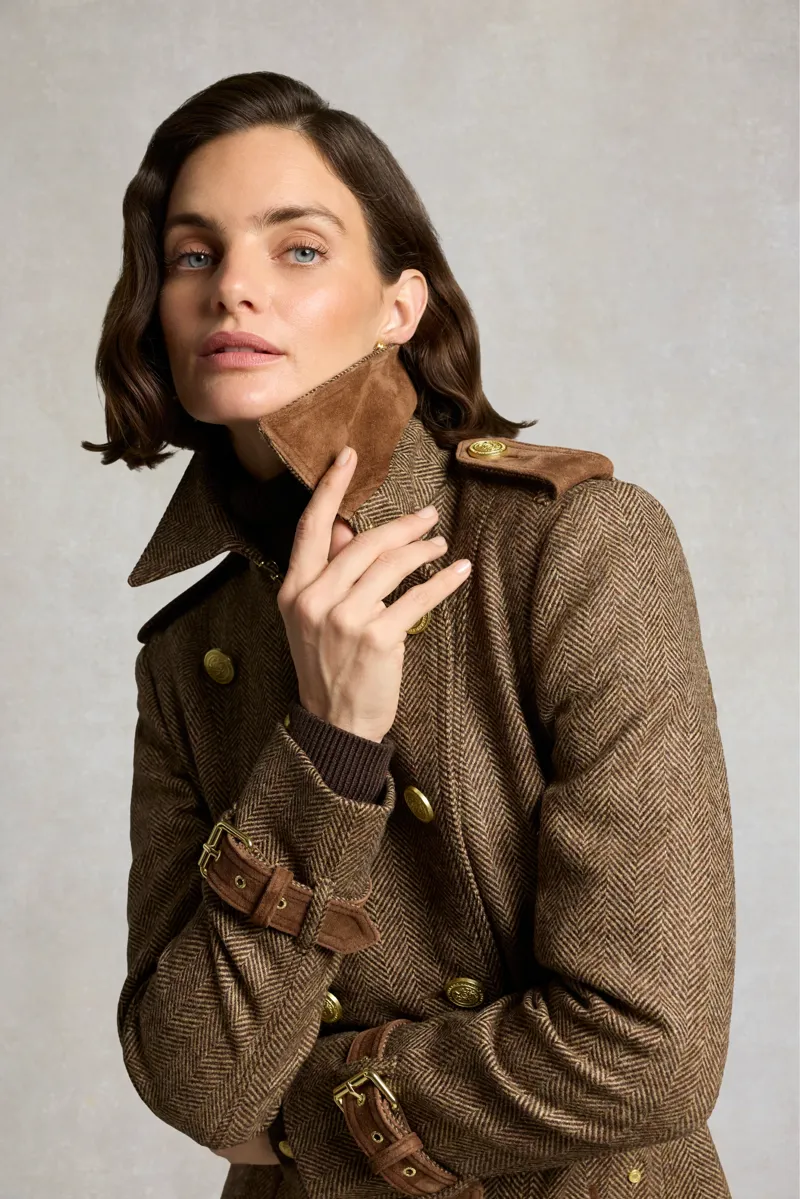 Holland Cooper Marlborough Trench Coat in Large Scale Brown Herringbone-5