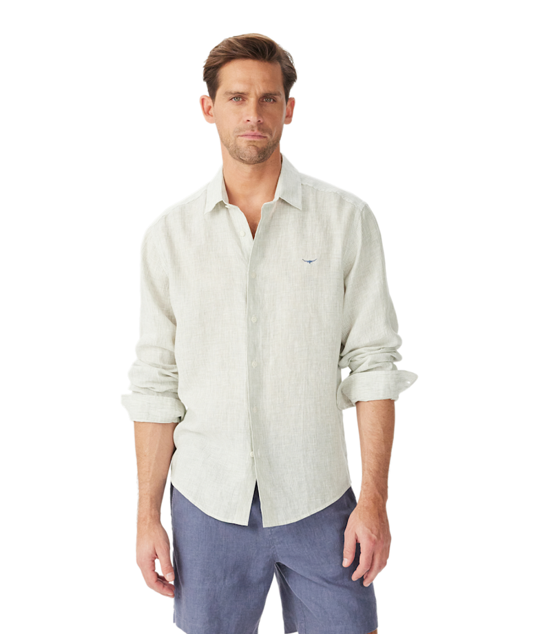 RM Williams Stephens Regular Linen Shirt in White/Green-1