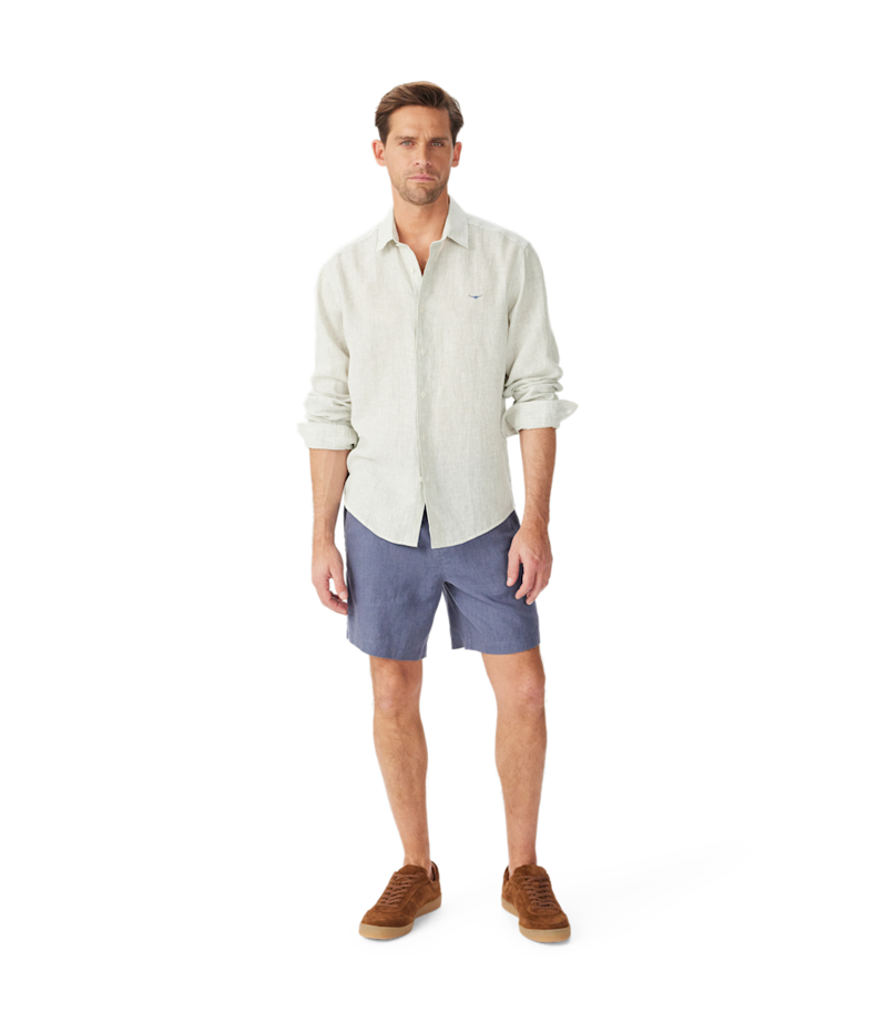 RM Williams Stephens Regular Linen Shirt in White/Green-2