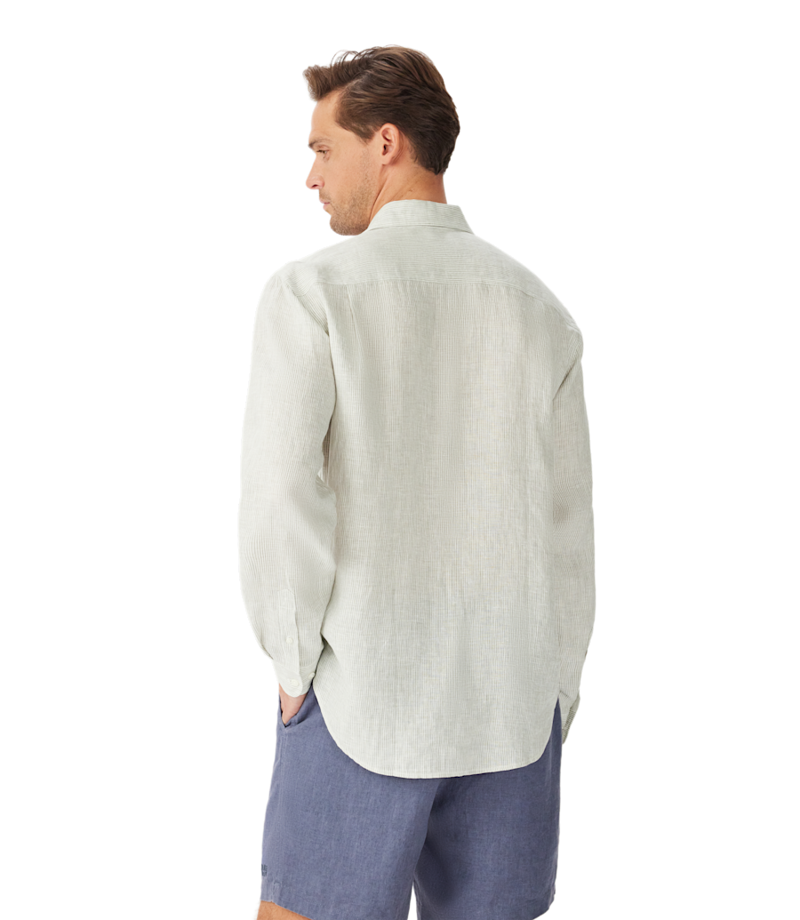 RM Williams Stephens Regular Linen Shirt in White/Green-3