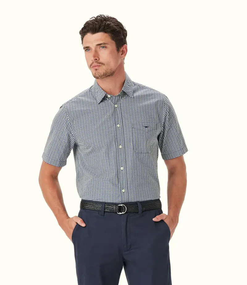 RM Williams Classic Poplin Check Short Sleeve Shirt Navy Charcoal-1