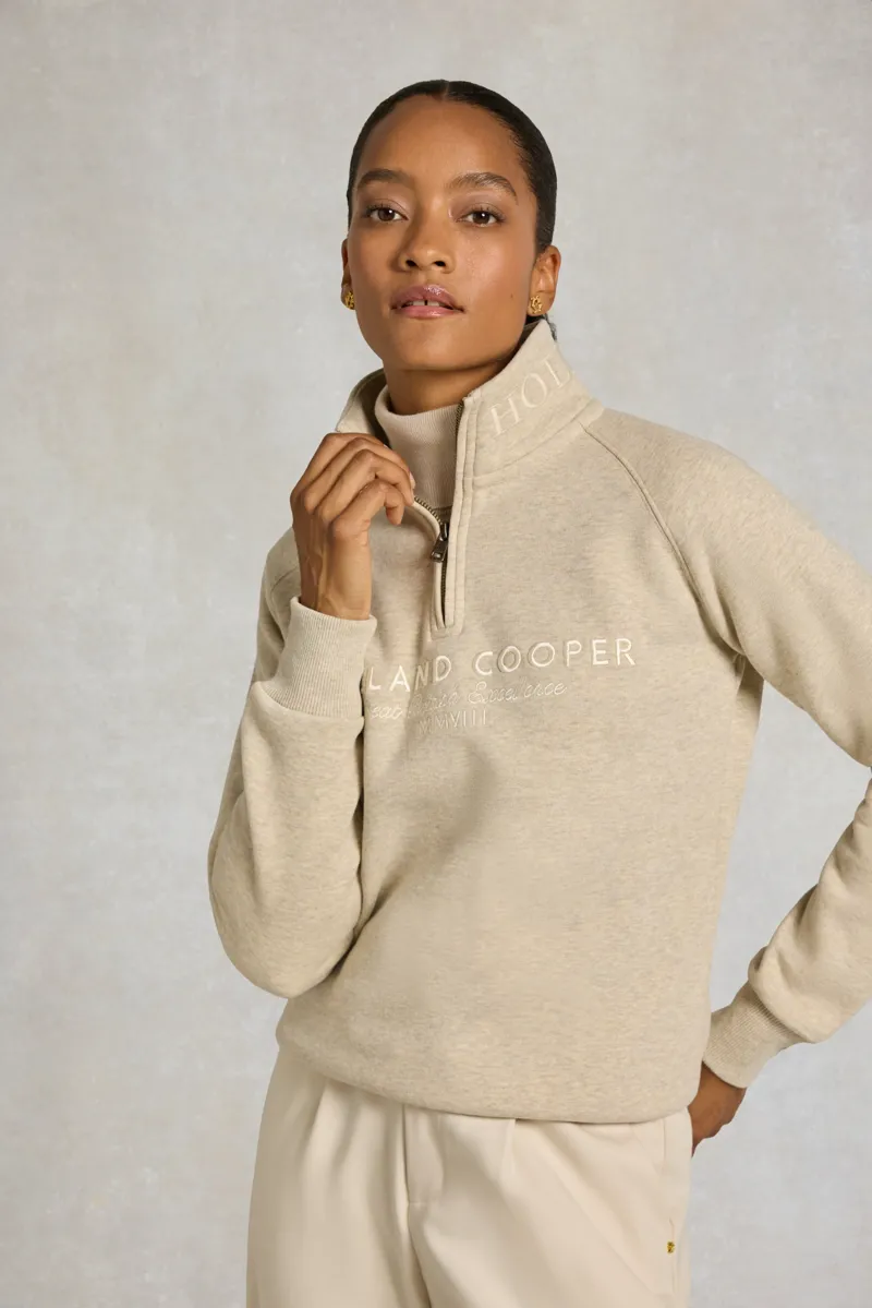 Holland Cooper Sporting Goods Zip Henley Sweatshirt in Oatmeal Marl-1