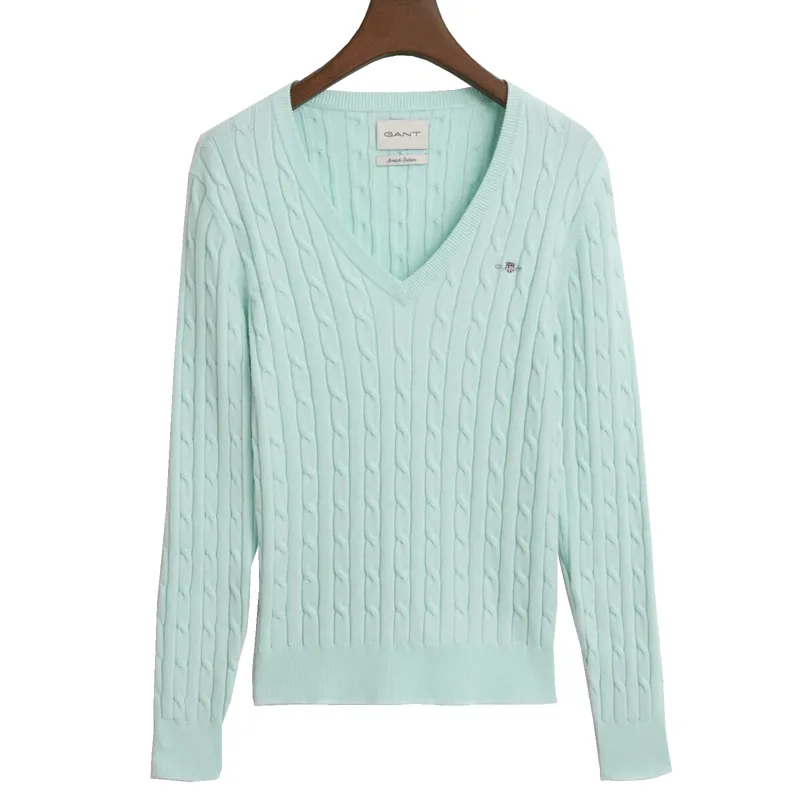 Gant Ladies Stretch Cotton Cable V-Neck Faded Mint