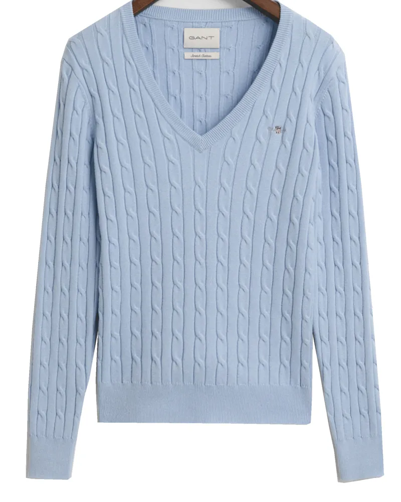 Gant Stretch Cotton Cable V-Neck Jumper Fresh Blue