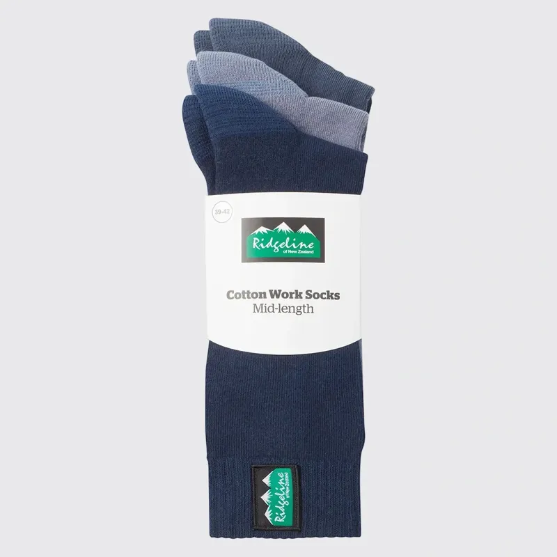 Ridgeline Cotton Work Socks Mid Length Pack of 3 in Navy Multi-5