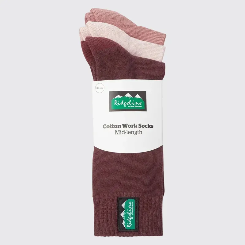 Ridgeline Cotton Work Socks Mid Length Pack of 3 in Oxblood Multi-5