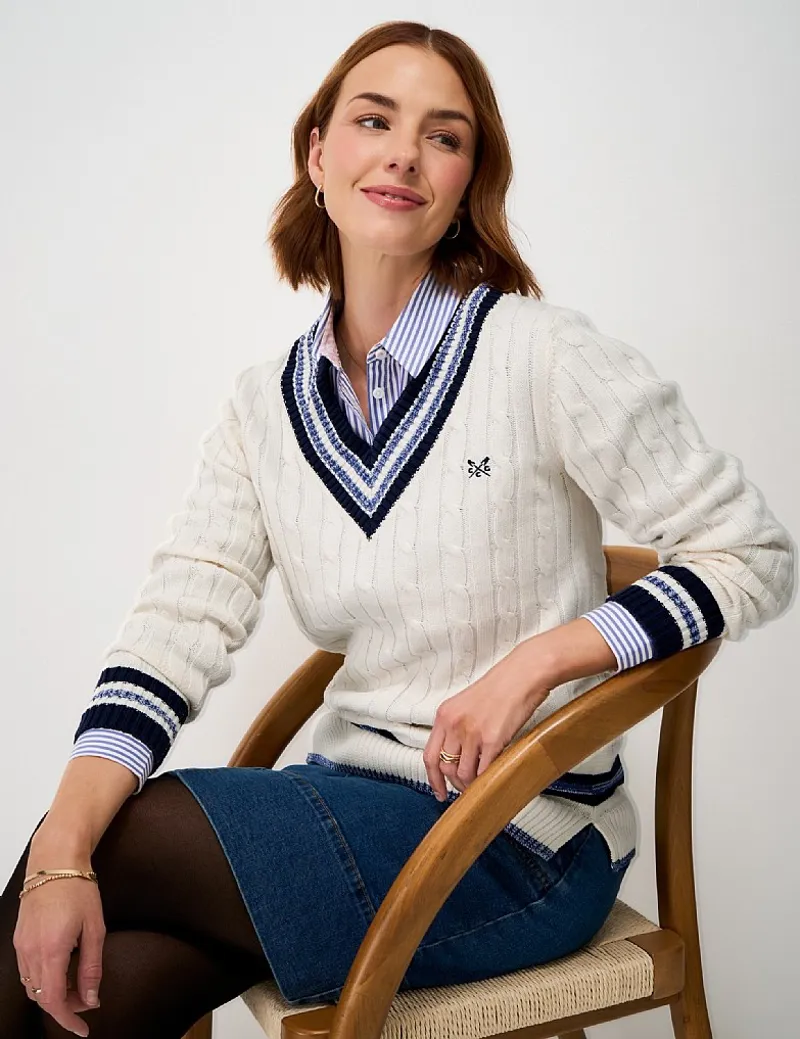 Crew Clothing Cable Cricket Jumper in White Navy-1