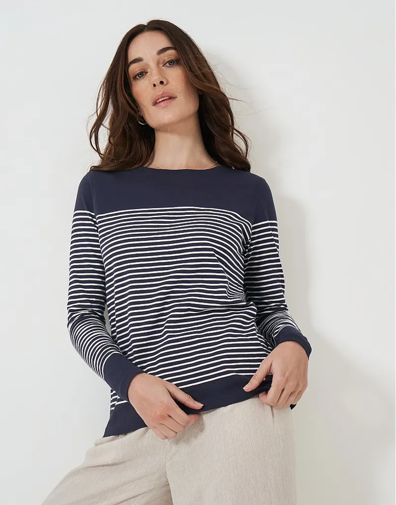 Crew Cassandra Stripe Top with Button Navy White-1