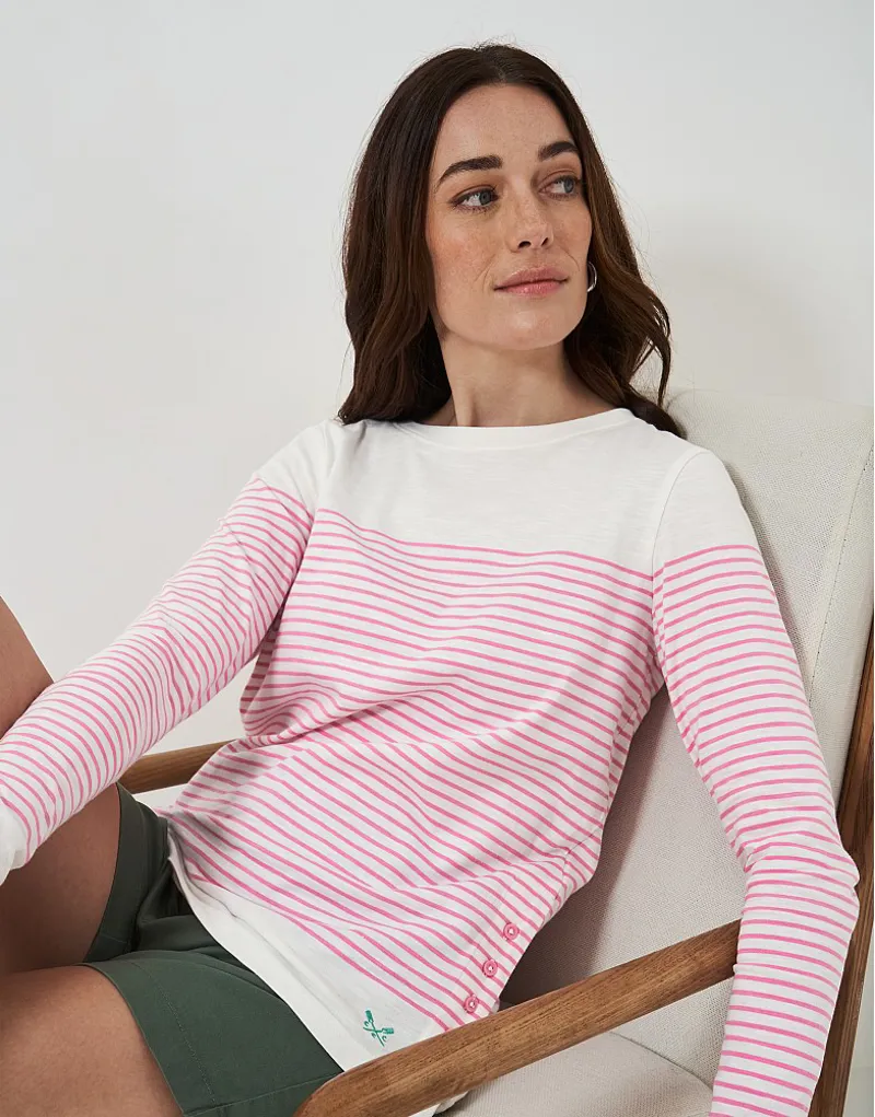 Crew Cassandra Stripe Top with Button White/Pink-1