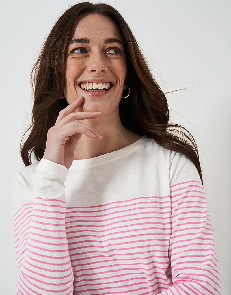 Crew Cassandra Stripe Top with Button White/Pink-2