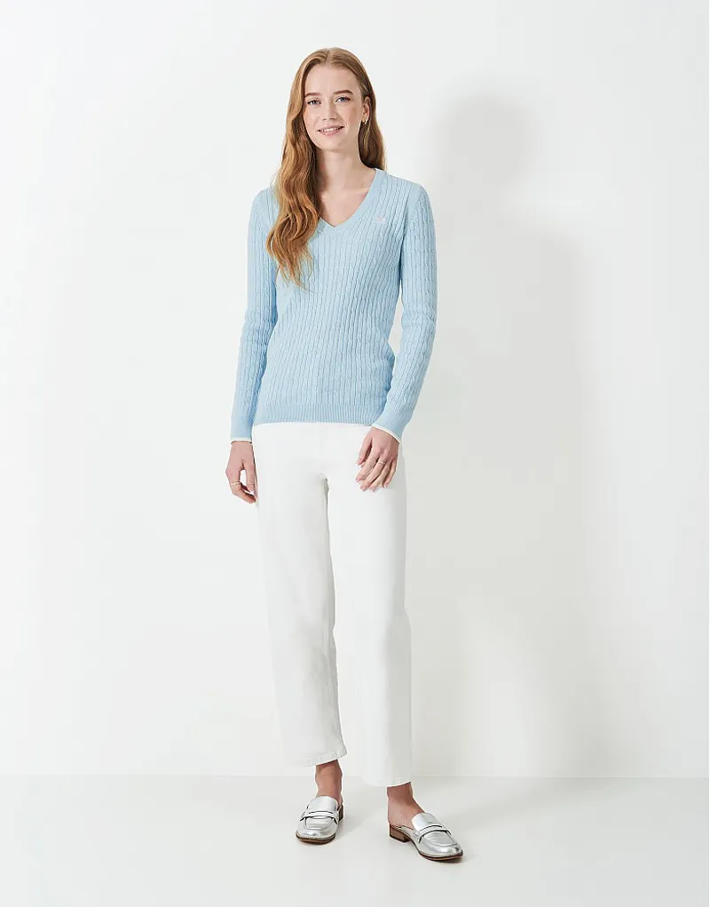 Crew Heritage Cable V Neck Jumper Blue Marl-1