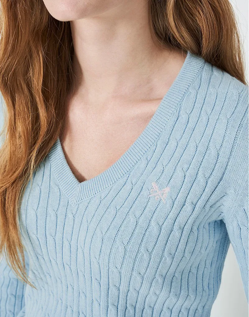 Crew Heritage Cable V Neck Jumper Blue Marl-2