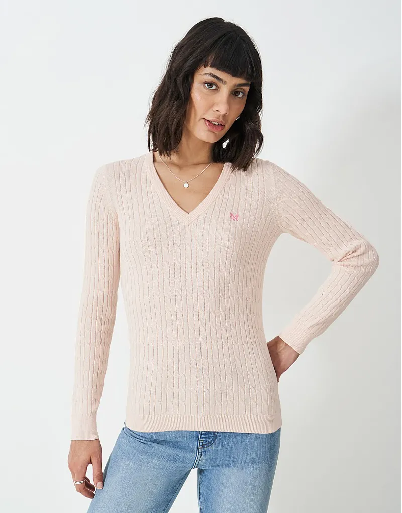 Crew Heritage Cable V Neck Rose Water-2