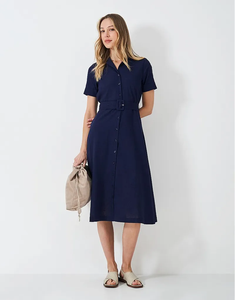 Crew Ava Belted Linen Blend Shirt Dress Navy-1