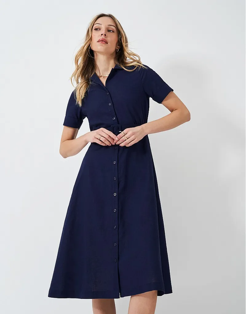 Crew Ava Belted Linen Blend Shirt Dress Navy-3